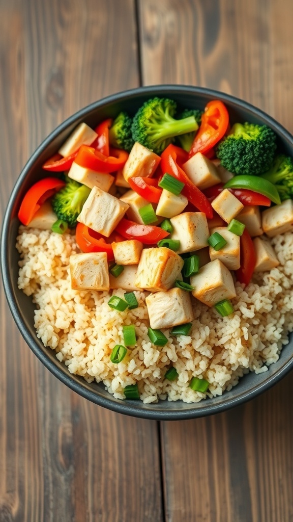A colorful chicken bowl with diced chicken, bell peppers, broccoli, and quinoa, garnished with green onions.